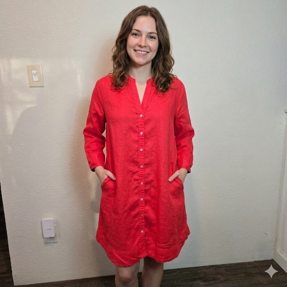 Joie Orange Dress Size Sm 3/4 SLEEVE LINEN SHIRT DRESS WITH POCKETS